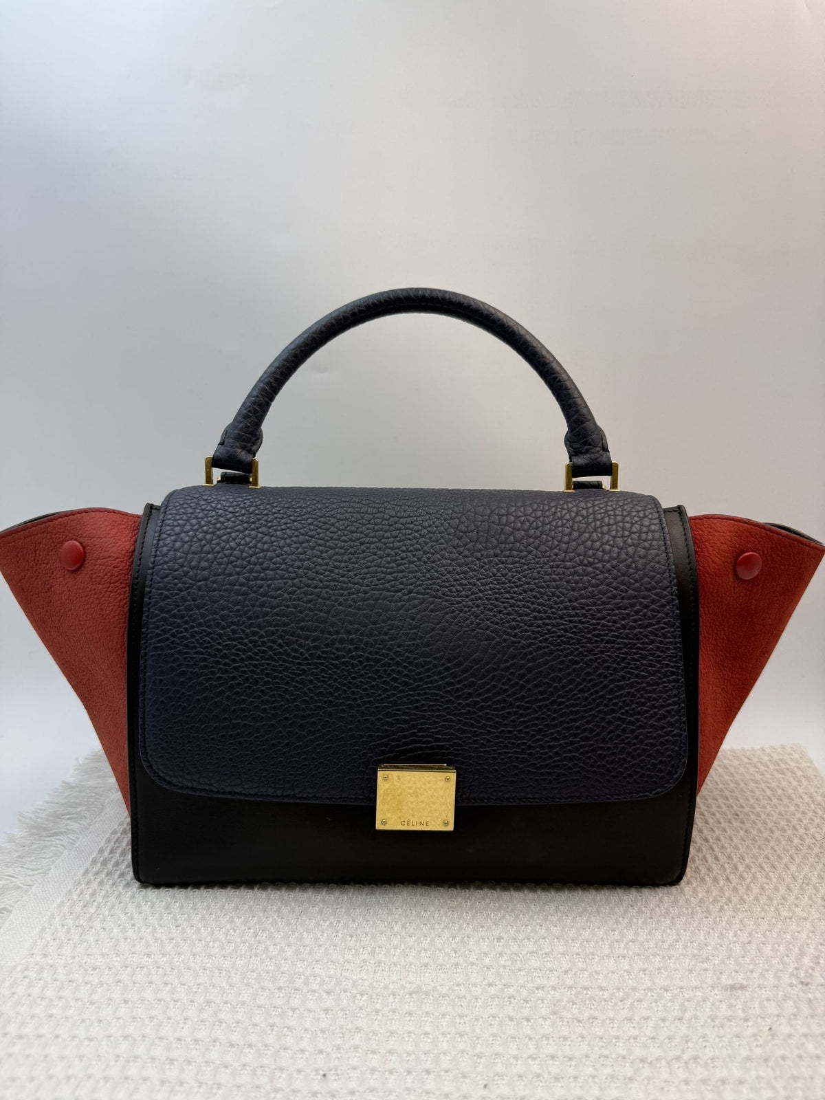 Celine collection – Celine Trapeze Navy Black and Red Leather and Suede