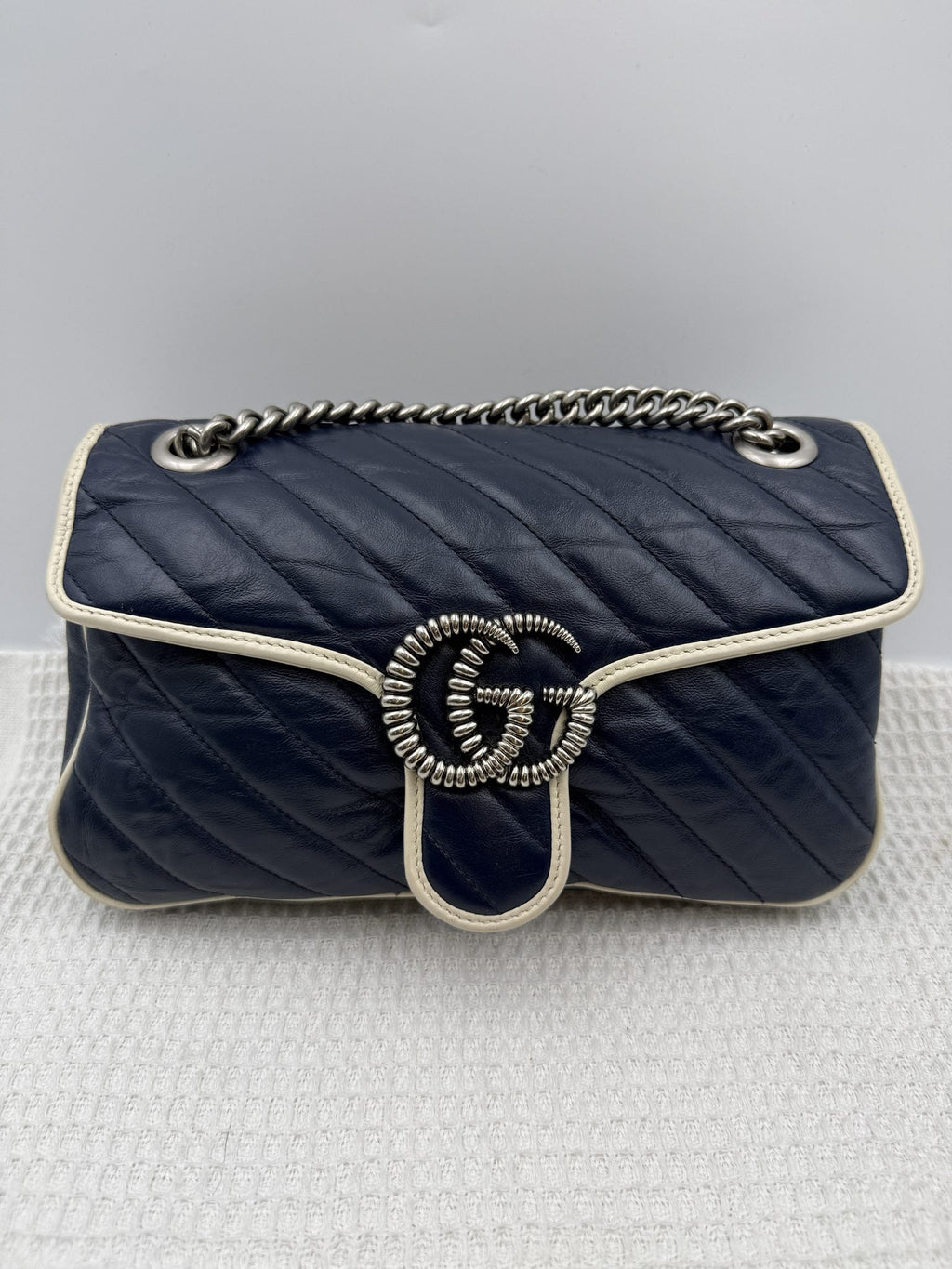 Gucci GG Marmont Small Top Handle Bag - Blue and White front view