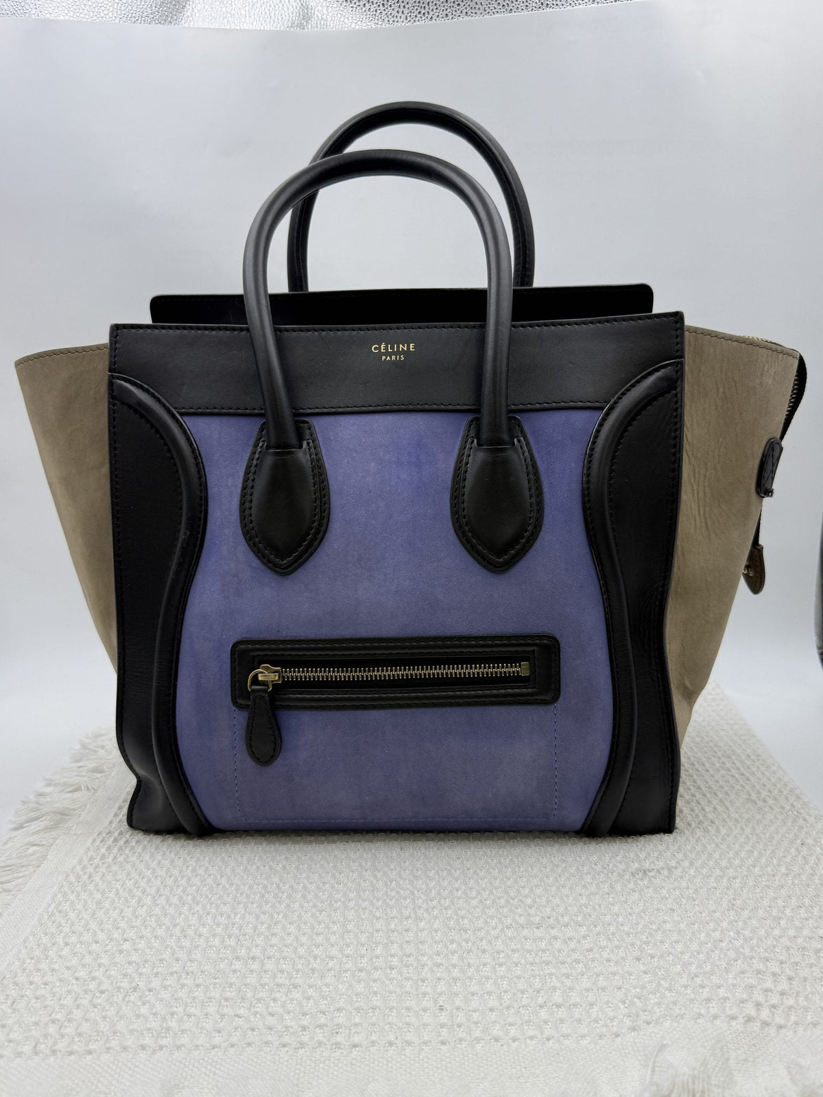 Celine Mini Luggage Tote - Navy, Black and Taupe front view