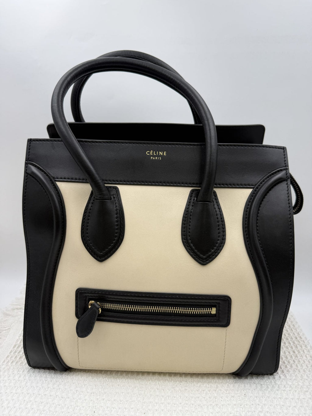 Celine Mini Luggage Tote - Black and Cream Leather front view
