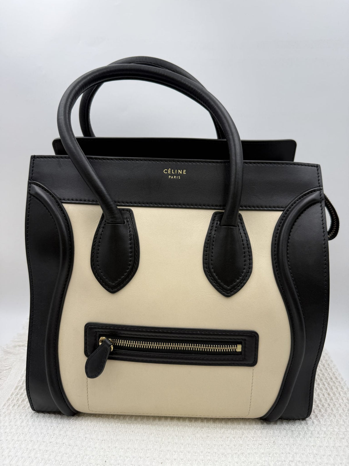 Celine Mini Luggage Tote - Black and Cream Leather front view
