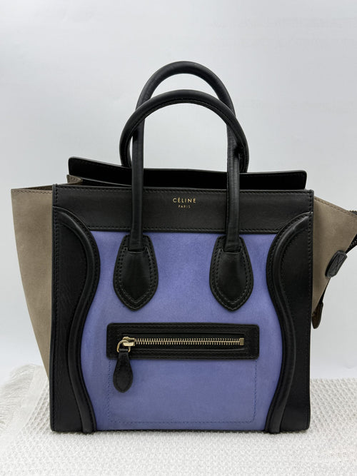 Celine Micro Luggage Tote - Blue, Black and Taupe front view
