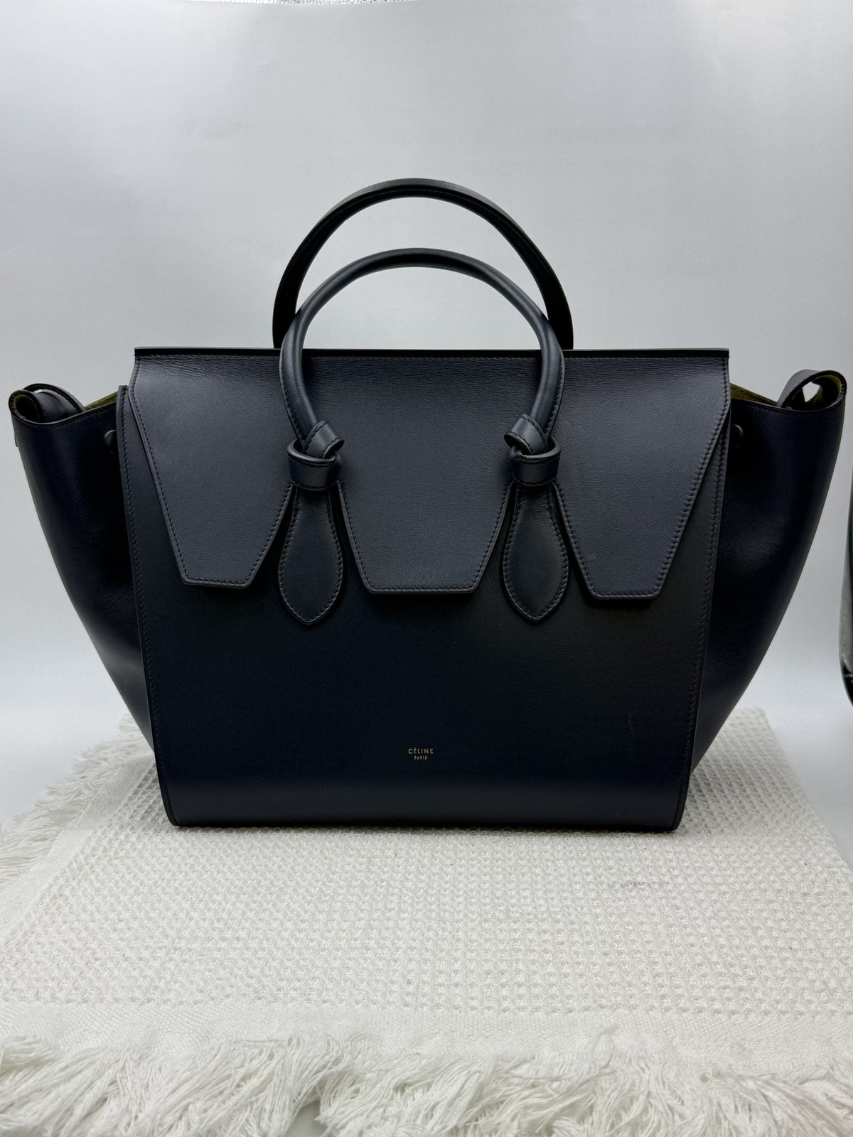 Celine Tie Tote - Black with Yellow Lining front view