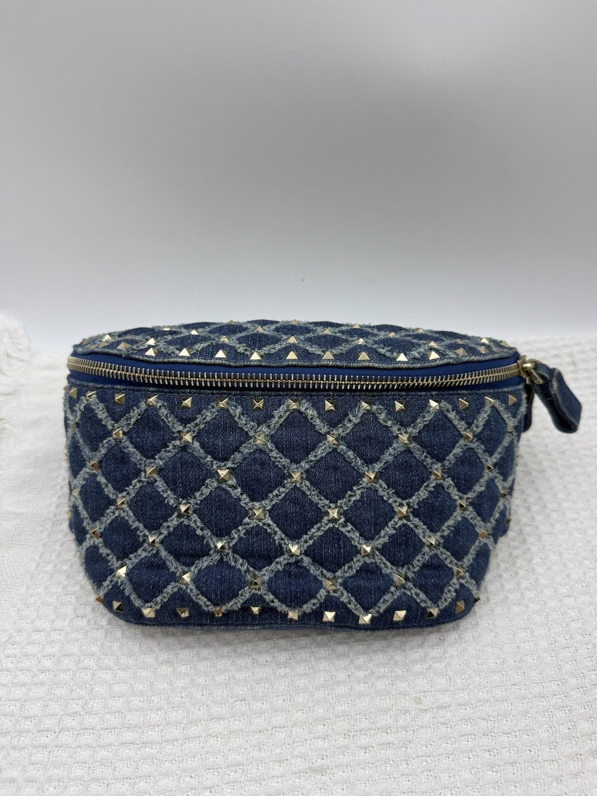 Valentino Garavani Denim Studded Shoulder Bag - Blue front view