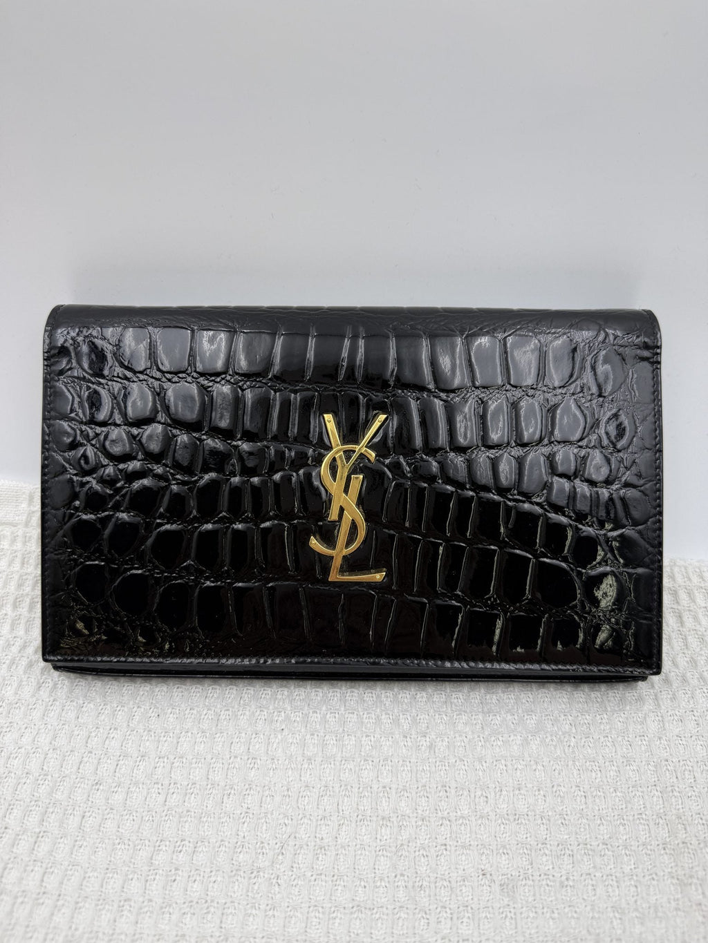 Saint Laurent Kate - Black Croc-Embossed Leather front view