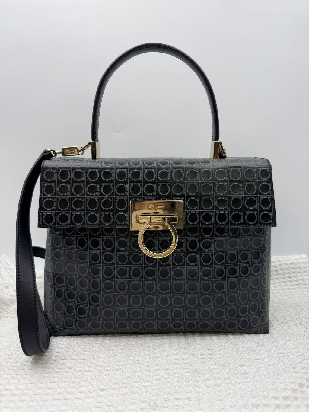 Ferragamo Gancini - Black Logo Leather front view