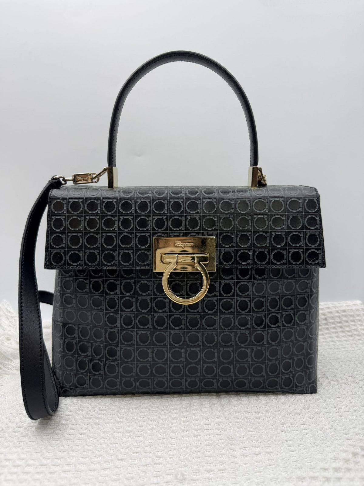 Ferragamo Gancini - Black Logo Leather front view