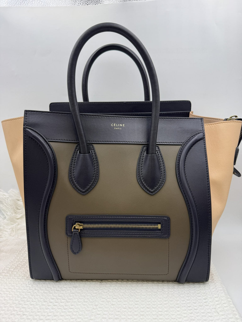 Celine Mini Luggage Tote - Navy and Black Leather front view
