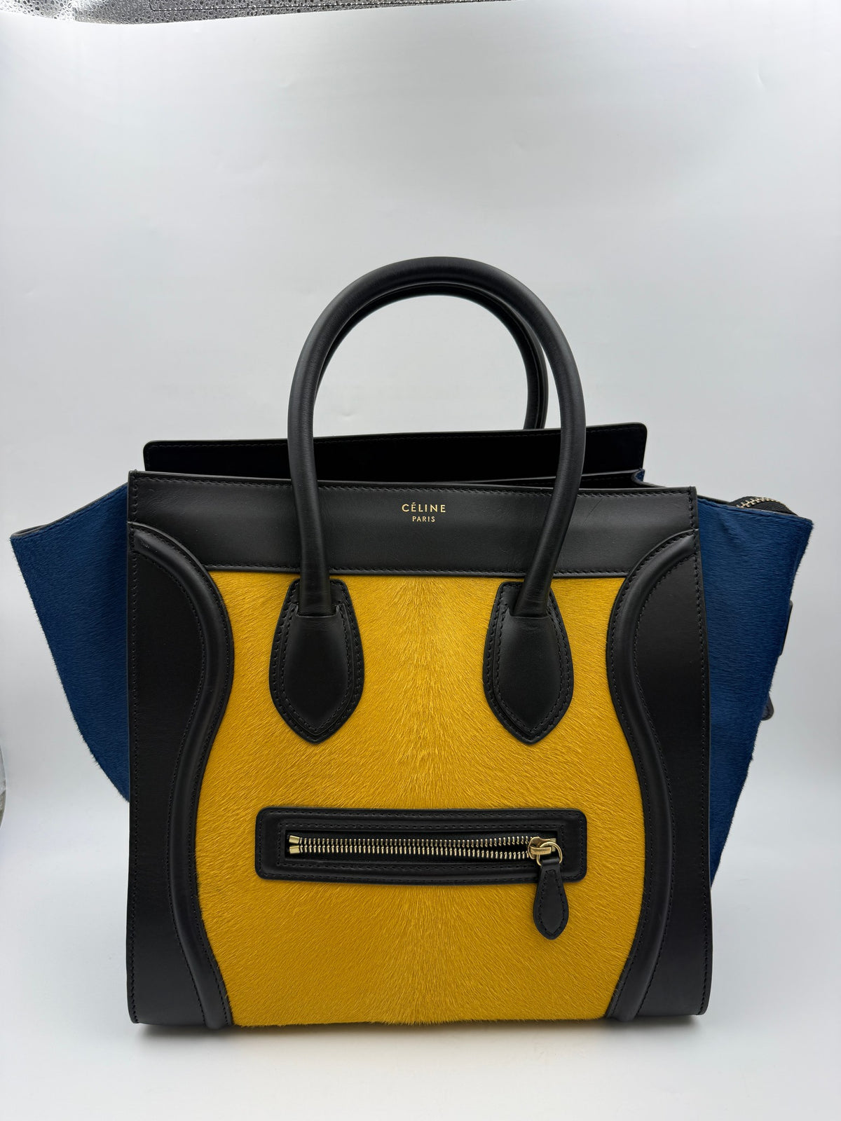 Celine Luggage Tote, Yellow, navy and black, stock 0271128 – front