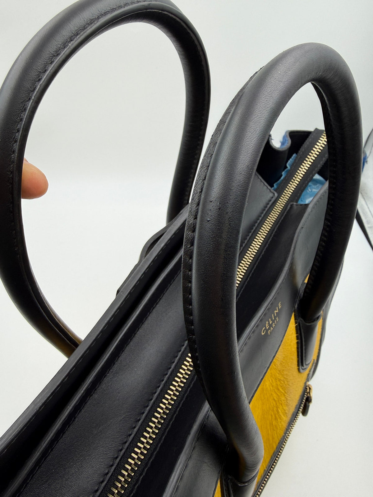 Celine Luggage Tote, Yellow, navy and black, stock 0271128 – handles and top zipper