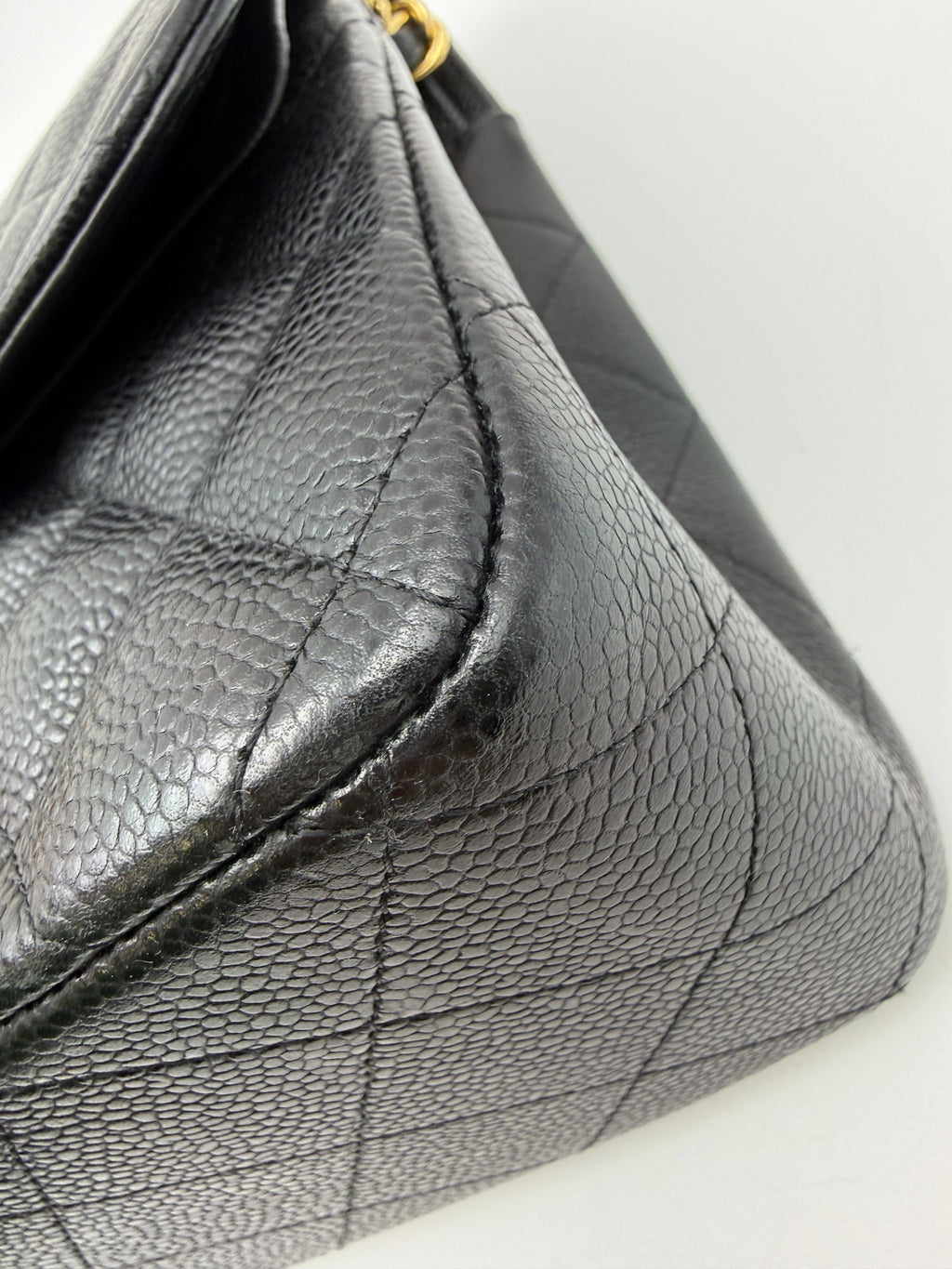 Chanel Classic Double Flap Bag, Black, stock 0077084 – corner detail