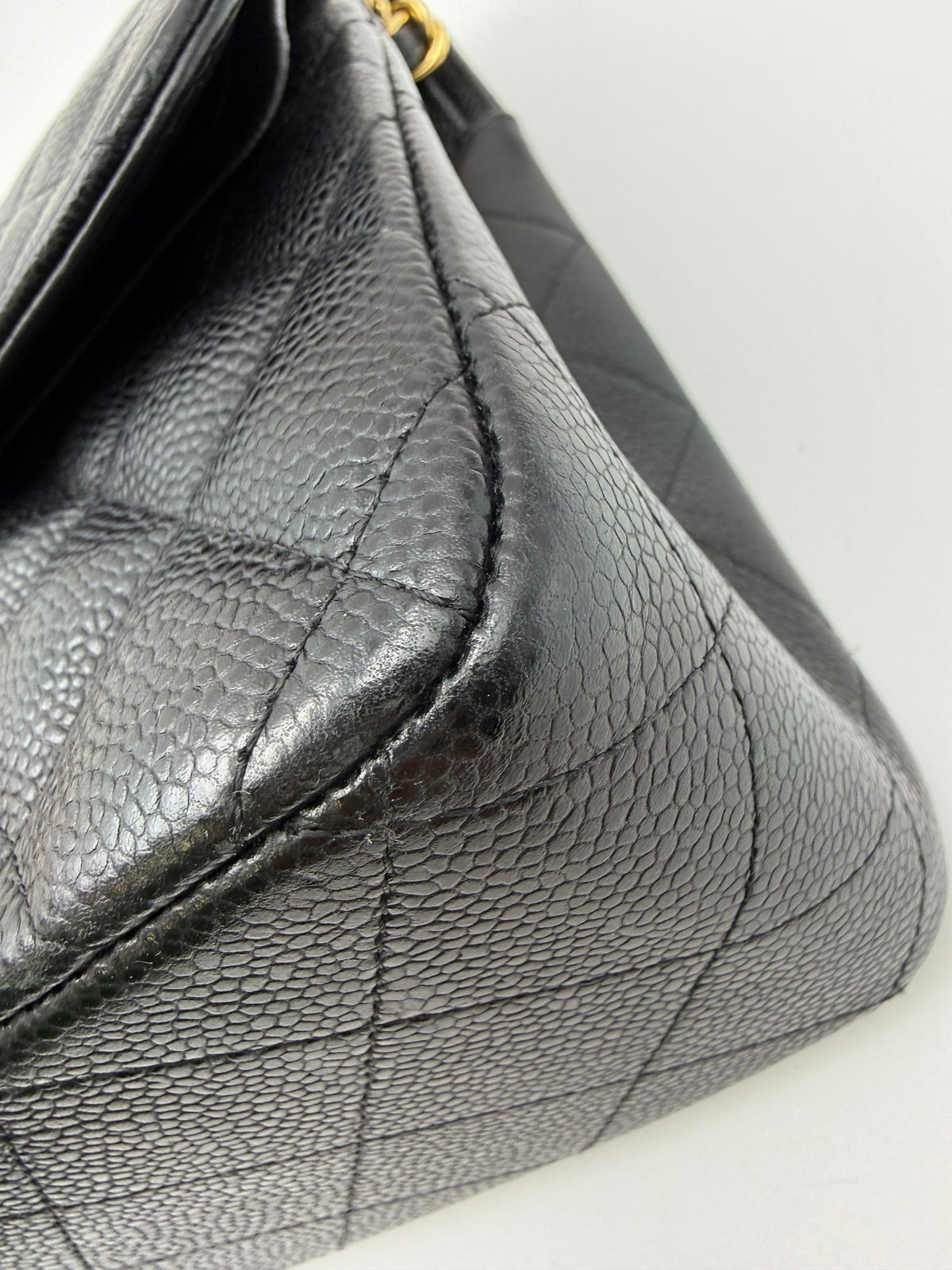 Chanel Classic Double Flap Bag, Black, stock 0077084 – corner detail