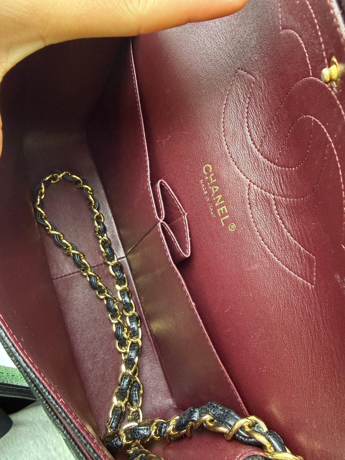 Chanel Classic Double Flap Bag, Black, stock 0077084 – burgundy interior