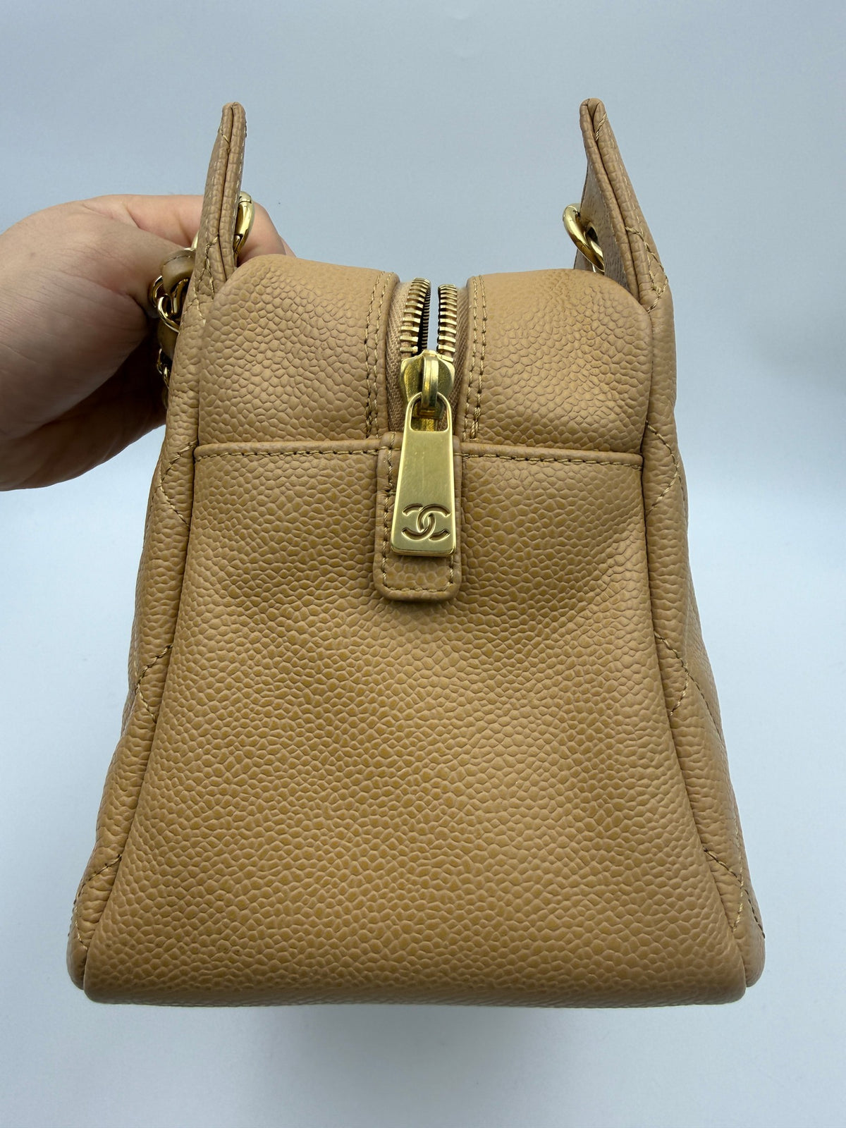 Chanel Petit Timeless Tote, Beige, stock 0271099 – left side