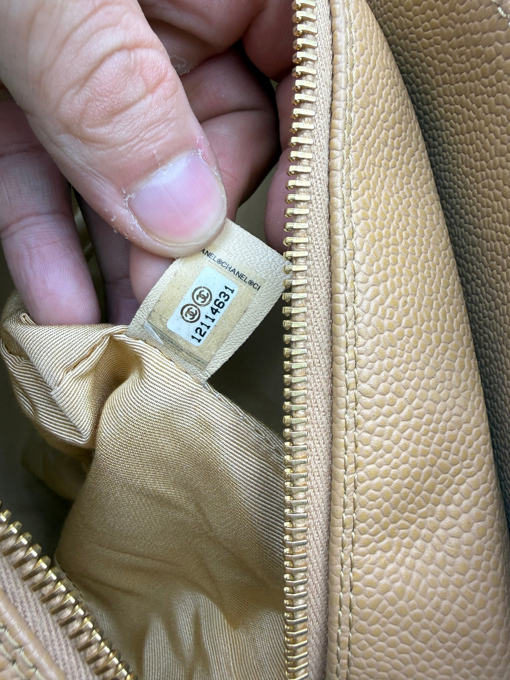 Chanel Petit Timeless Tote, Beige, stock 0271099 – serial label