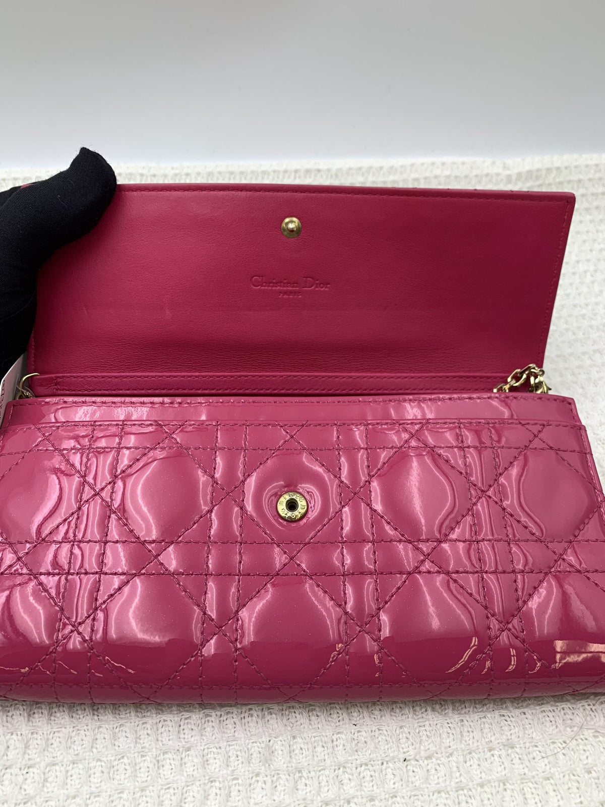 Dior Cannage Pink Patent Leather Chain Wallet - view 3 - item 0073051