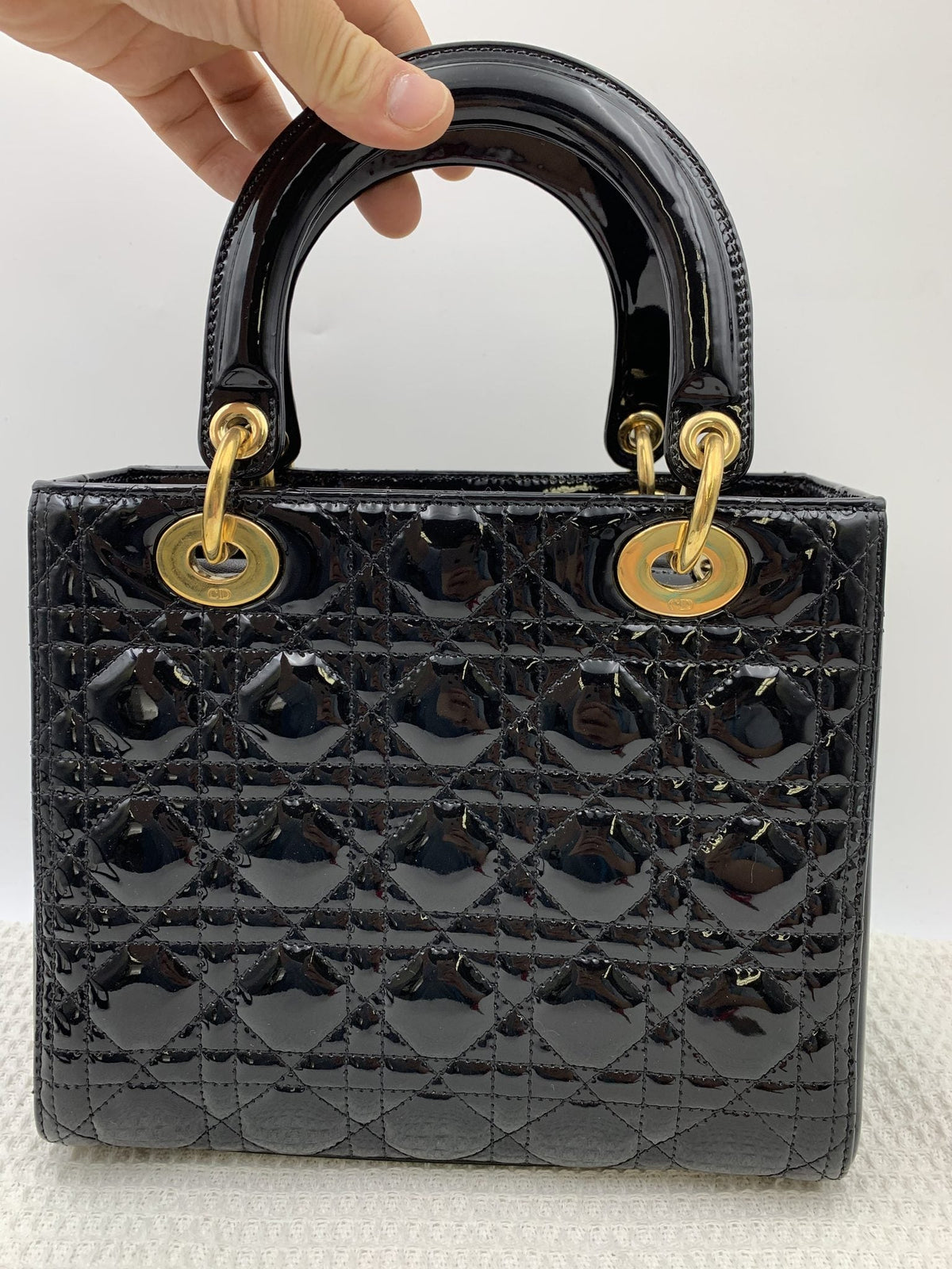 Dior Medium Lady Dior Black Patent Cannage Bag Gold Hardware - view 2 - item 0073016