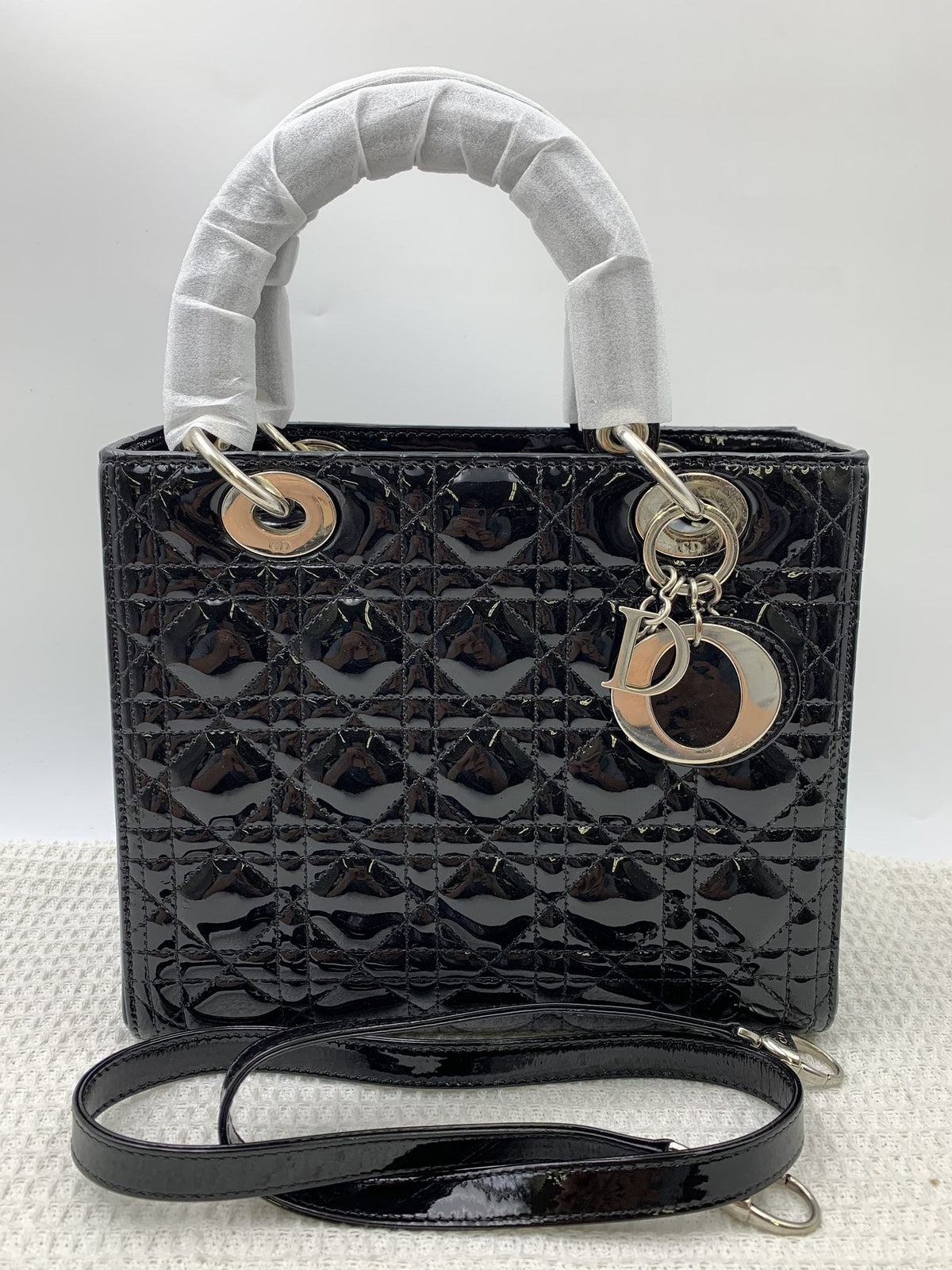 Dior Medium Lady Dior Black Patent Cannage Bag Silver Hardware - view 1 - item 0073017