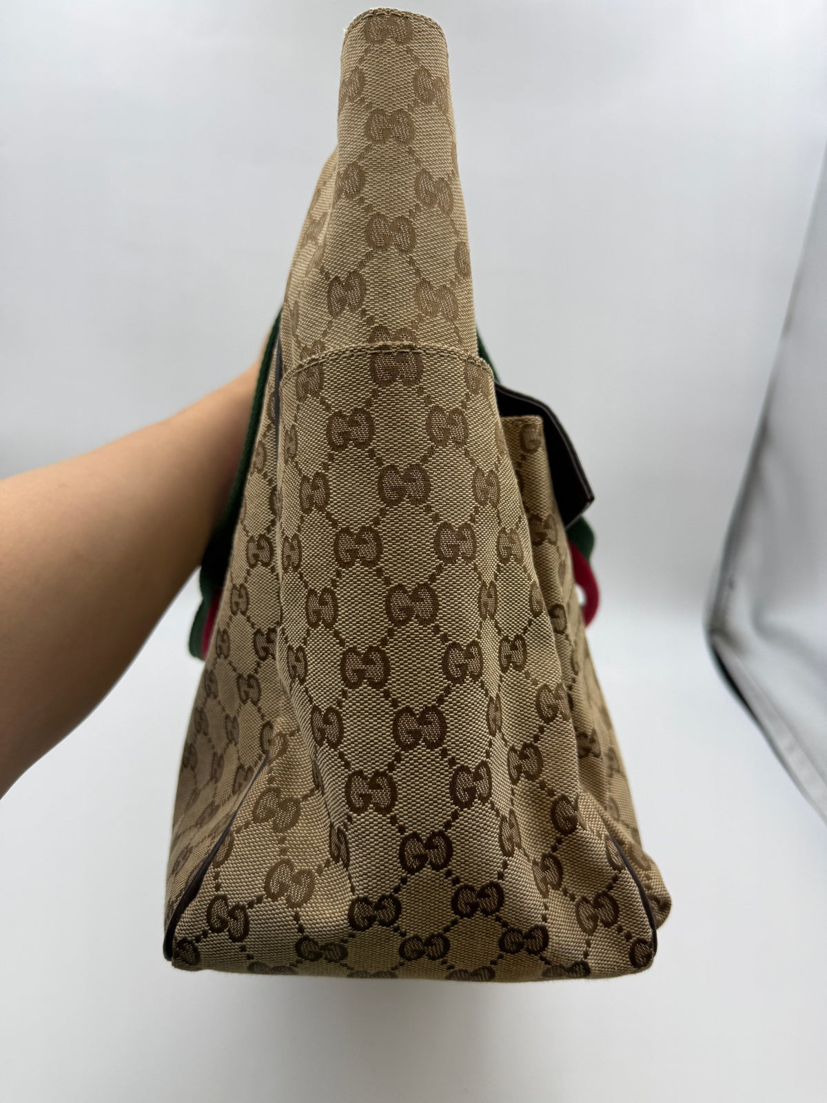 Gucci GG Canvas Web Tote, Beige, brown, green and red, stock 0197138 – left side