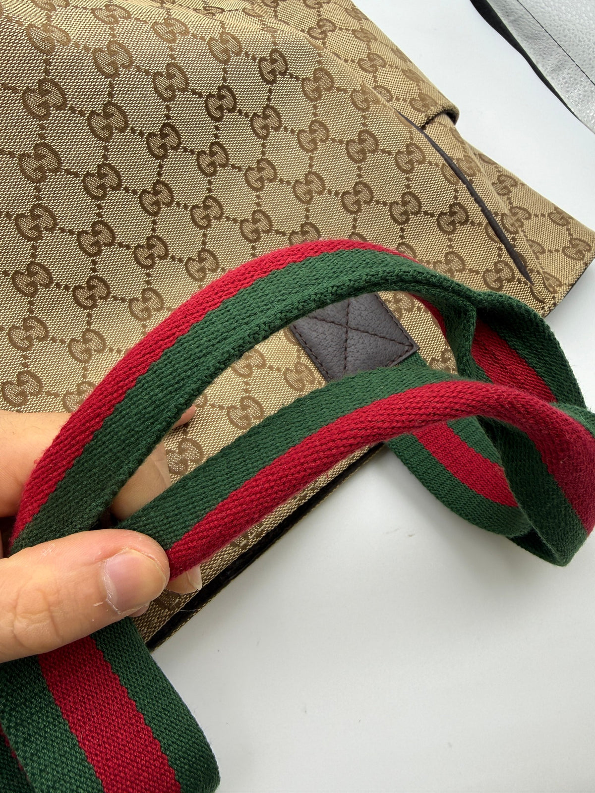 Gucci GG Canvas Web Tote, Beige, brown, green and red, stock 0197138 – Web handles