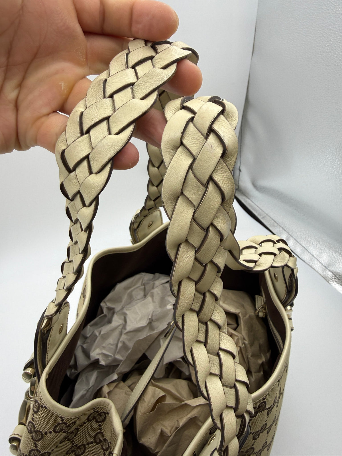 Gucci Pelham GG Canvas Shoulder Bag, Beige and ivory, stock 0197005 – braided handles