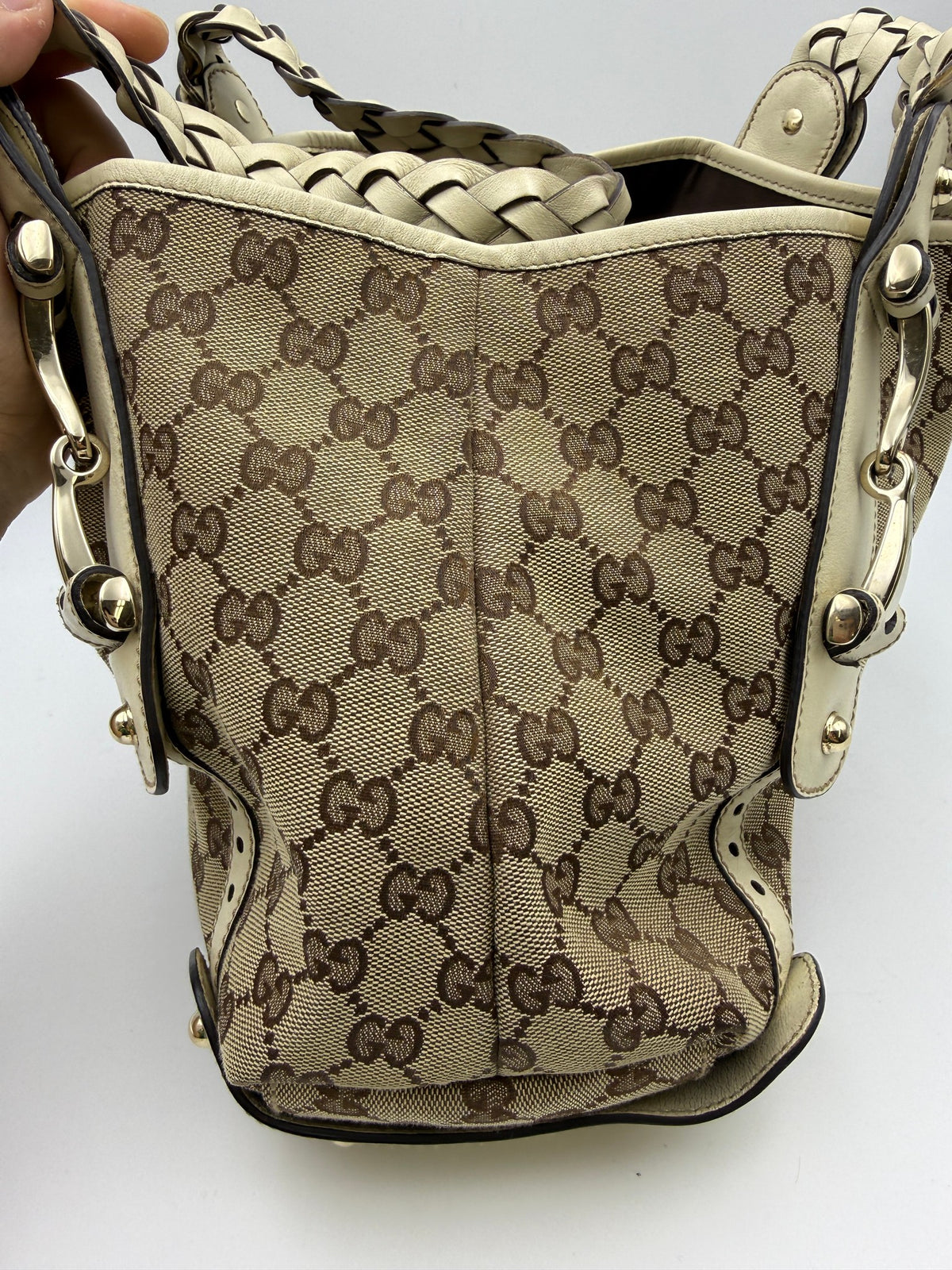 Gucci Pelham GG Canvas Shoulder Bag, Beige and ivory, stock 0197005 – left side