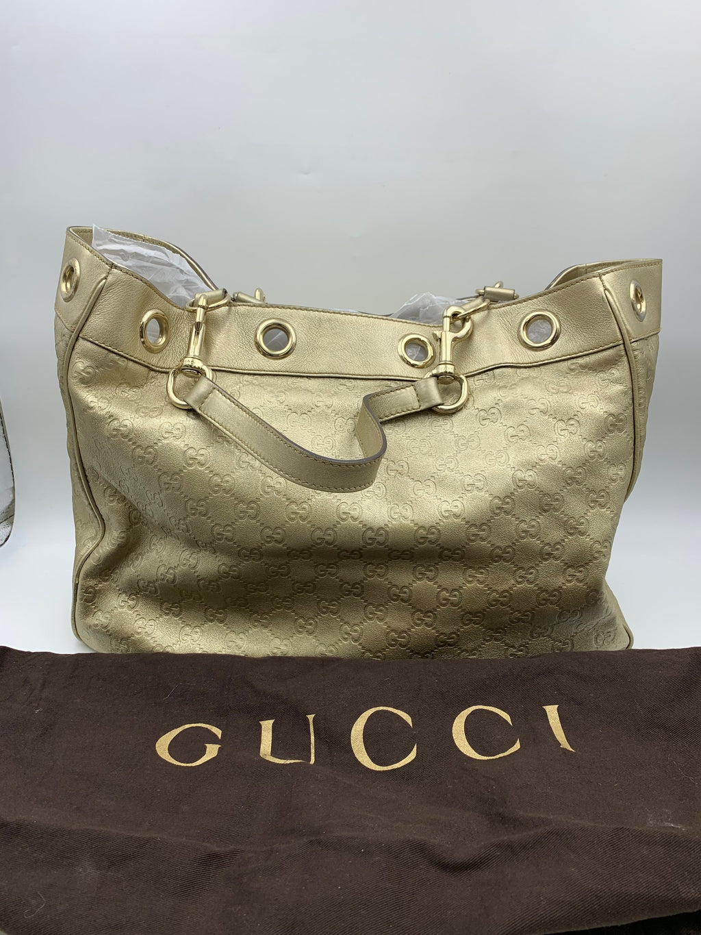 Gucci Positano Guccissima Tote, Metallic gold, stock 0197123 – front with dust bag