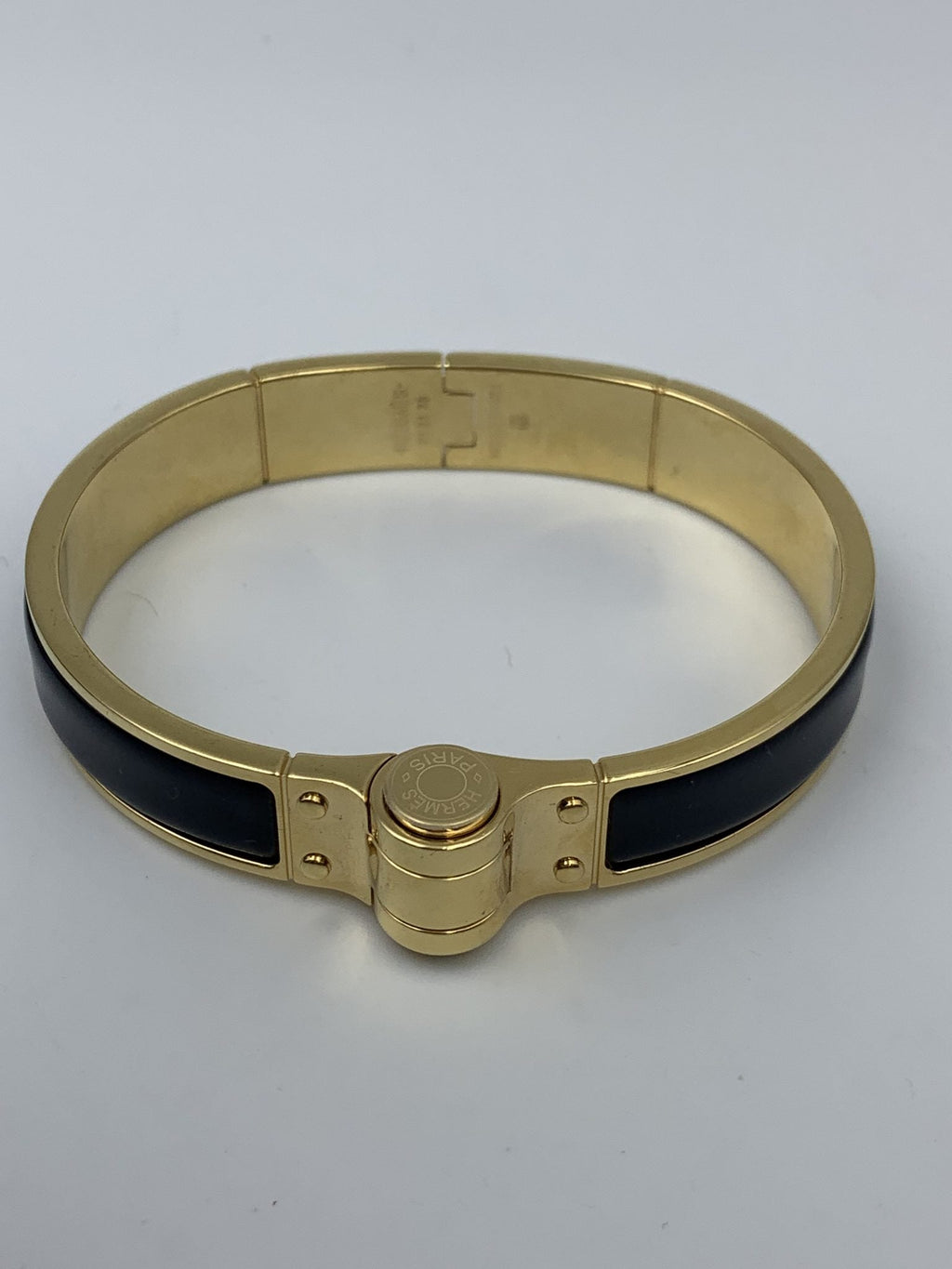 Hermes Printed Black Enamel Gold-Plated Hinged Bracelet - view 1 - item 0089035