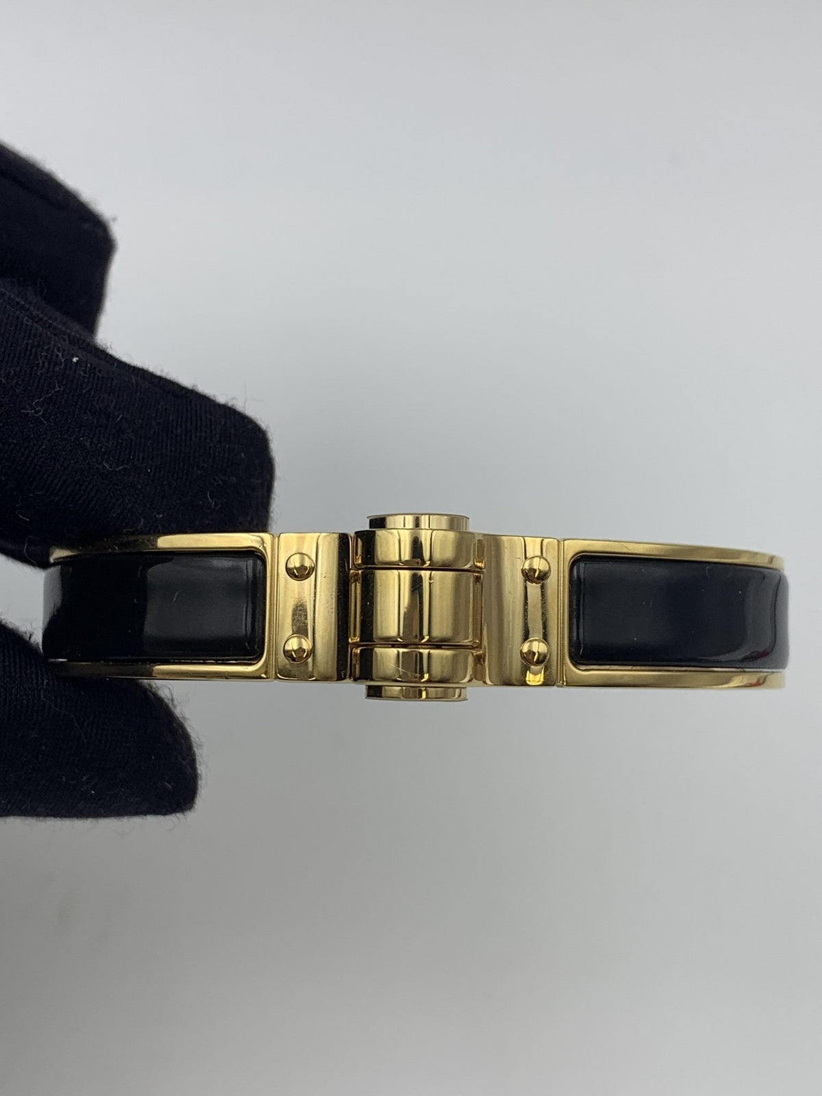 Hermes Printed Black Enamel Gold-Plated Hinged Bracelet - view 2 - item 0089035