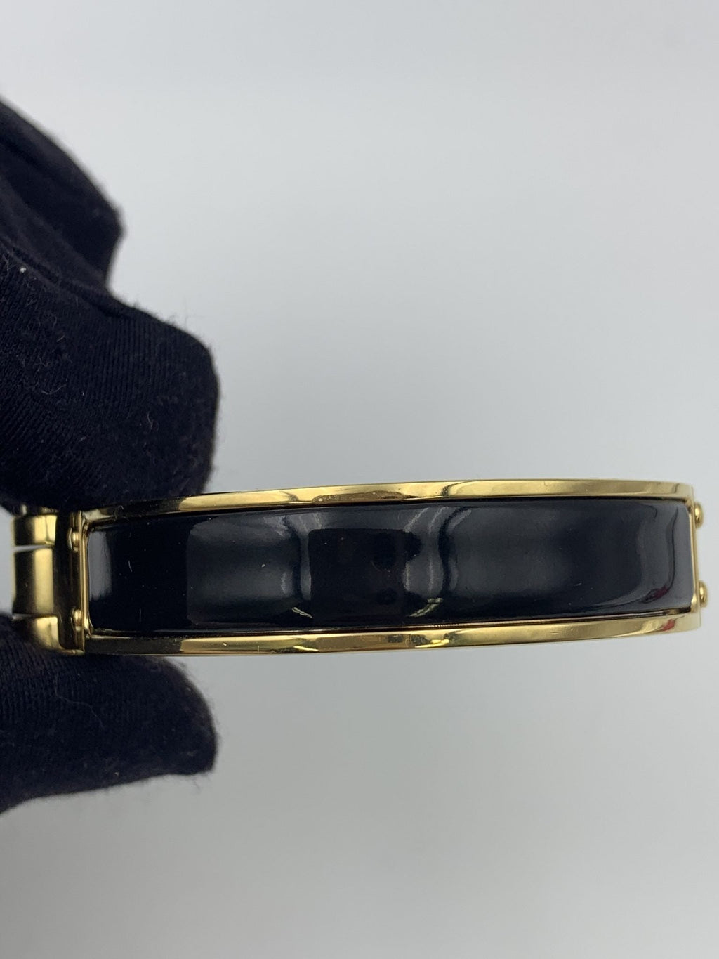 Hermes Printed Black Enamel Gold-Plated Hinged Bracelet - view 3 - item 0089035
