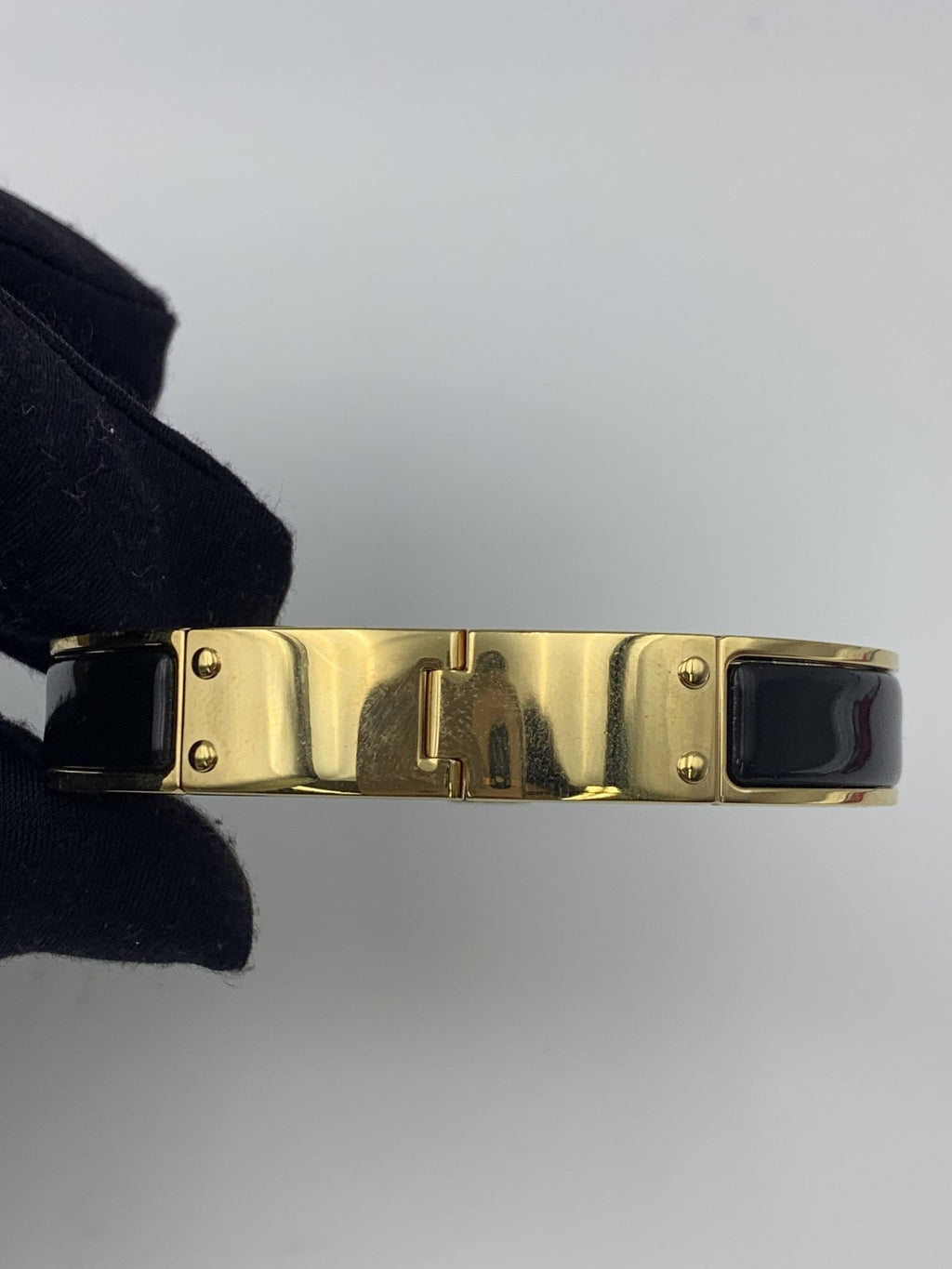 Hermes Printed Black Enamel Gold-Plated Hinged Bracelet - view 5 - item 0089035