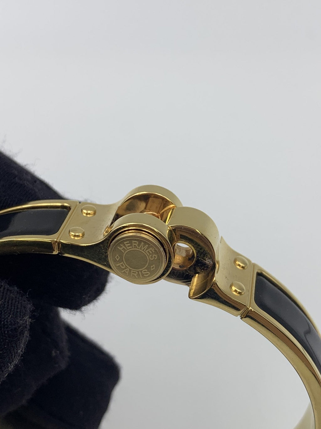 Hermes Printed Black Enamel Gold-Plated Hinged Bracelet - view 6 - item 0089035