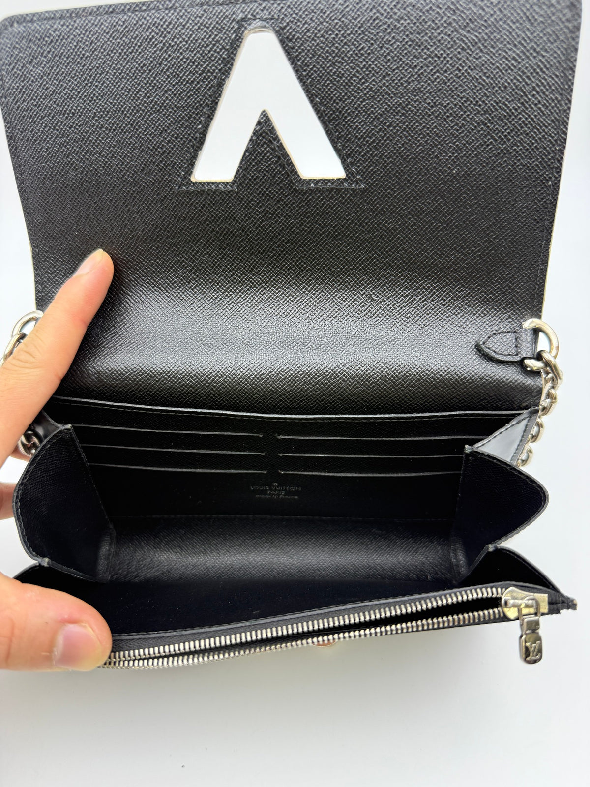 Louis Vuitton World Tour Twist Chain Wallet, Black and multicolor, stock 0256035 – card slots and zip compartment