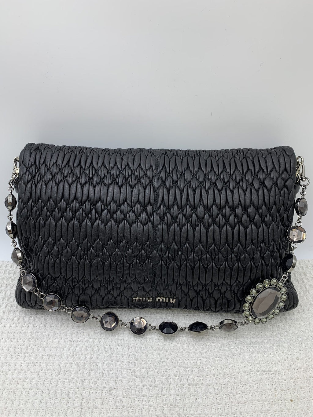 Miu Miu Matelasse Black Leather Crystal Chain Clutch - view 2 - item 0073095