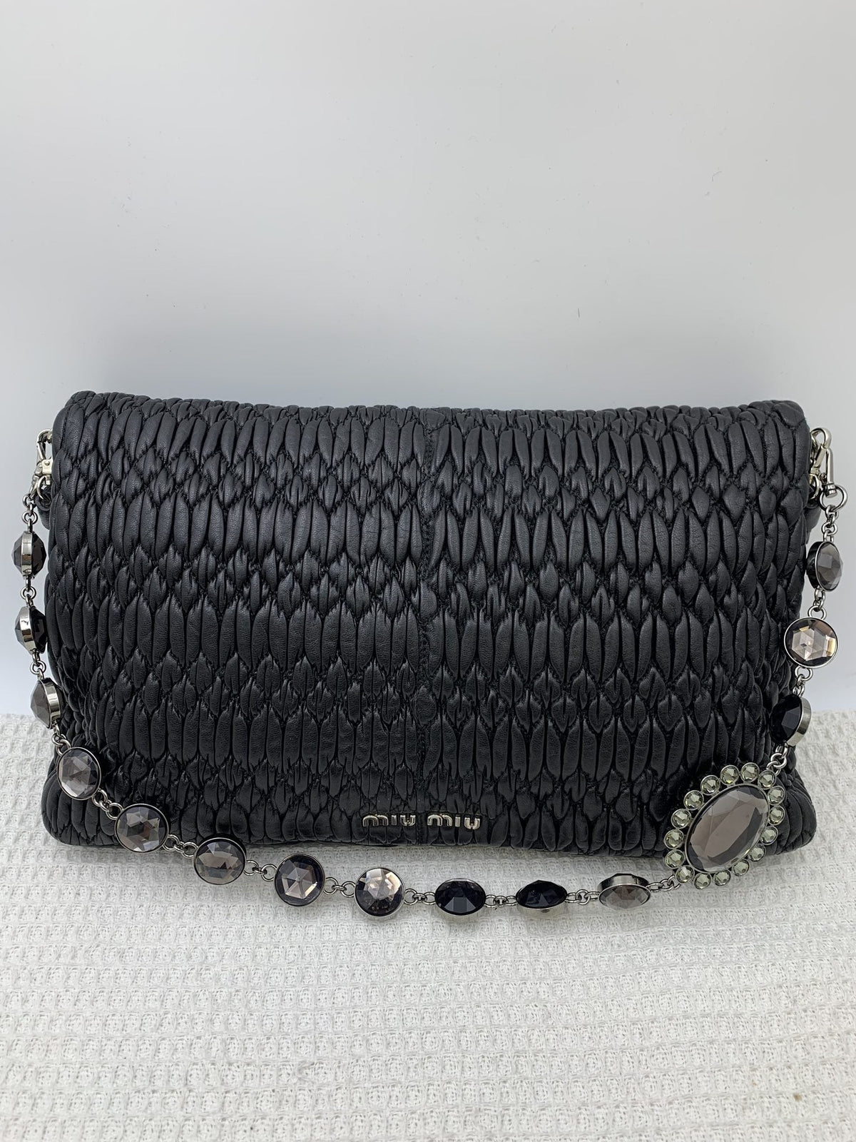 Miu Miu Matelasse Black Leather Crystal Chain Clutch - view 2 - item 0073095