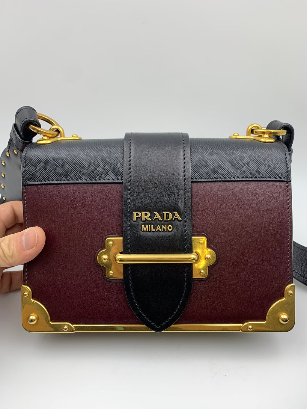 Prada Cahier Shoulder Bag, Burgundy and black, stock 0271024 – front