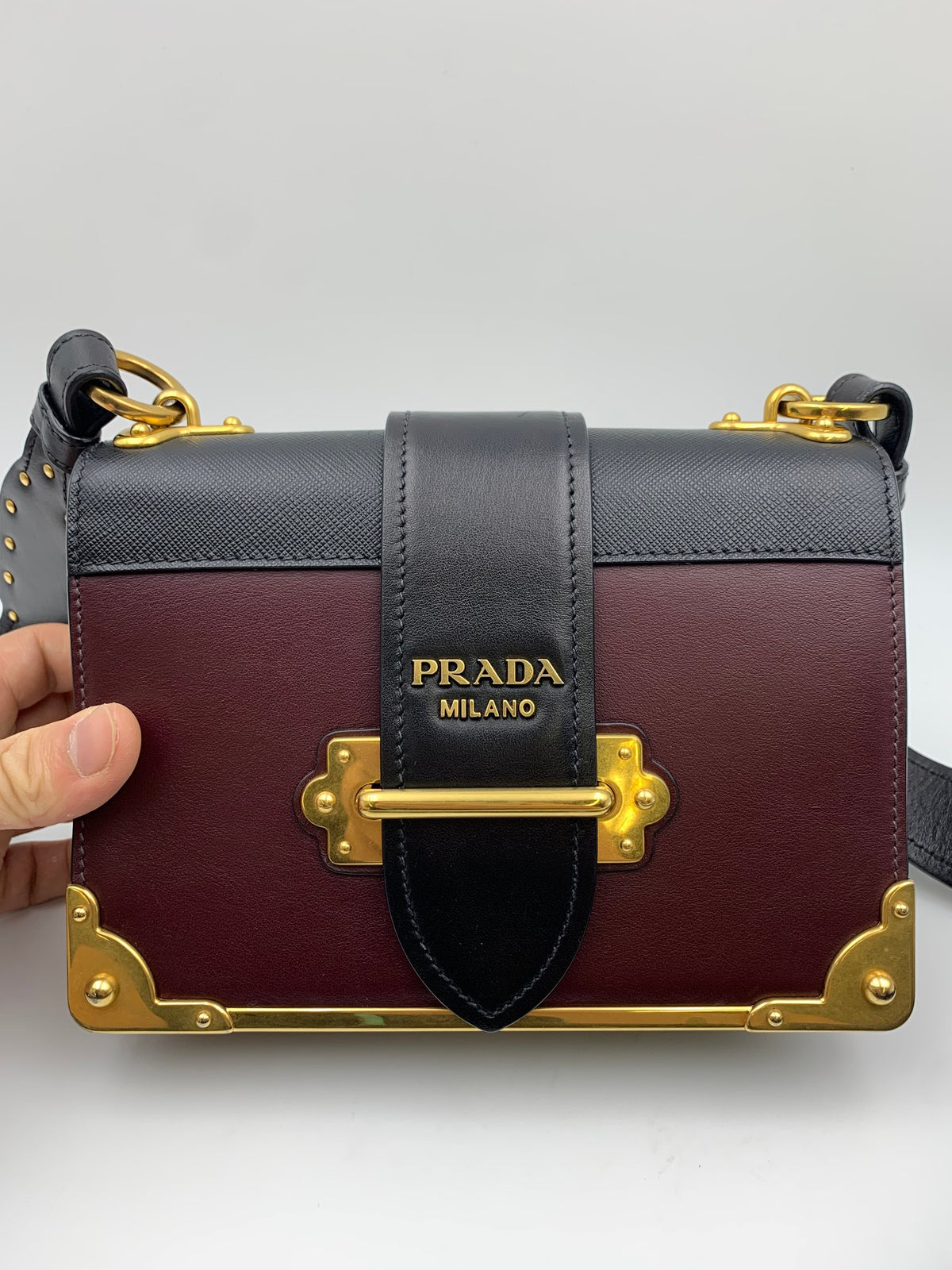 Prada Cahier Shoulder Bag, Burgundy and black, stock 0271024 – front