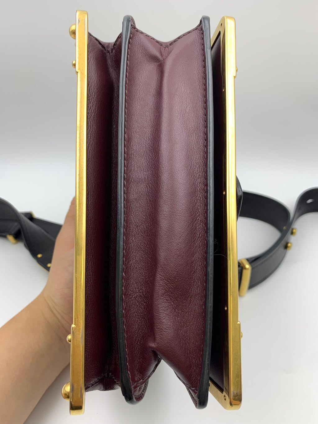 Prada Cahier Shoulder Bag, Burgundy and black, stock 0271024 – side compartments