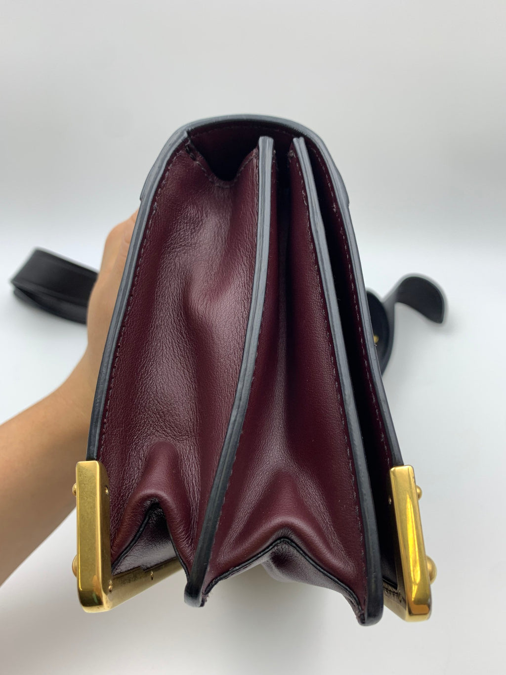 Prada Cahier Shoulder Bag, Burgundy and black, stock 0271024 – left side