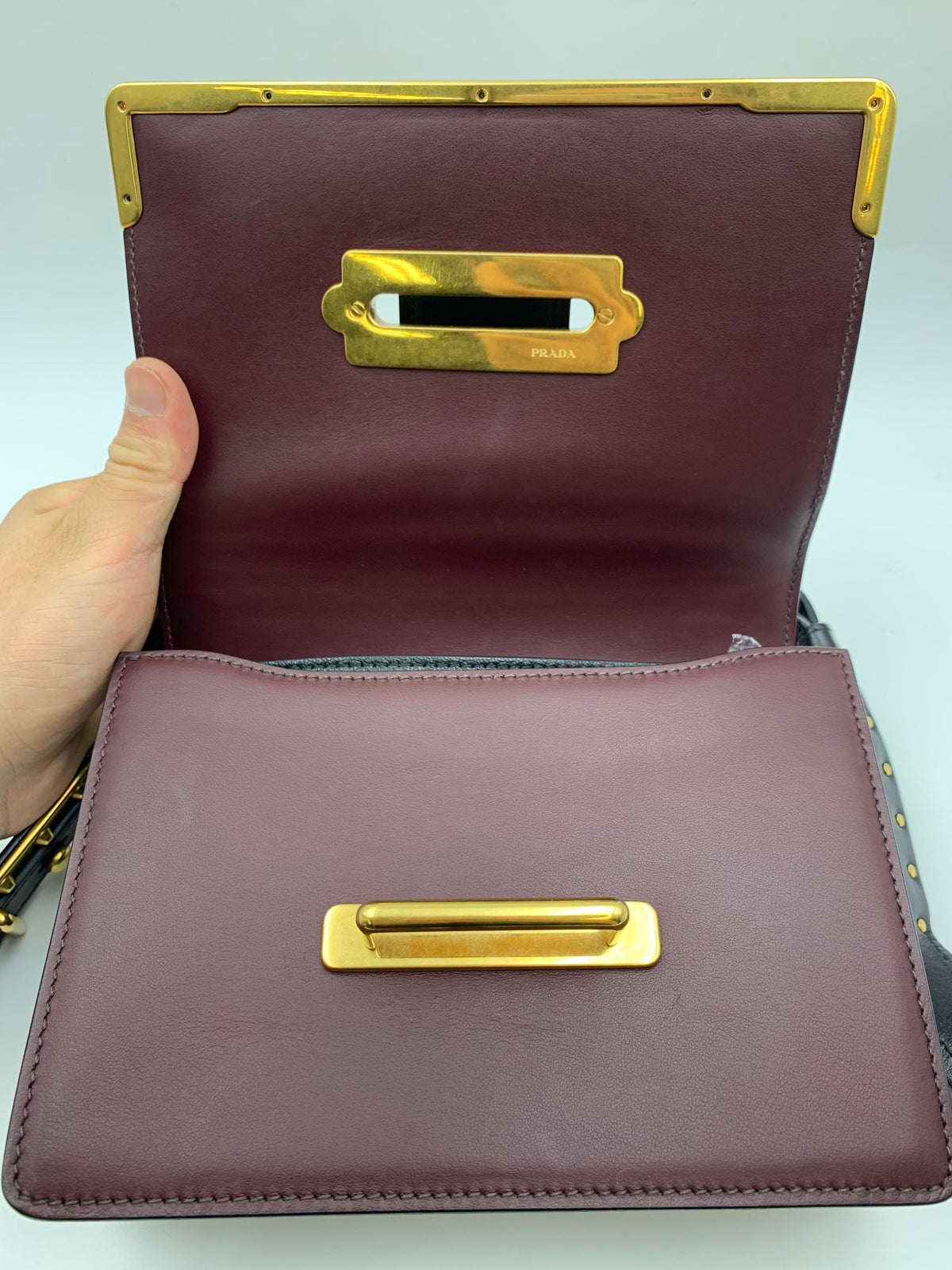 Prada Cahier Shoulder Bag, Burgundy and black, stock 0271024 – inside flap