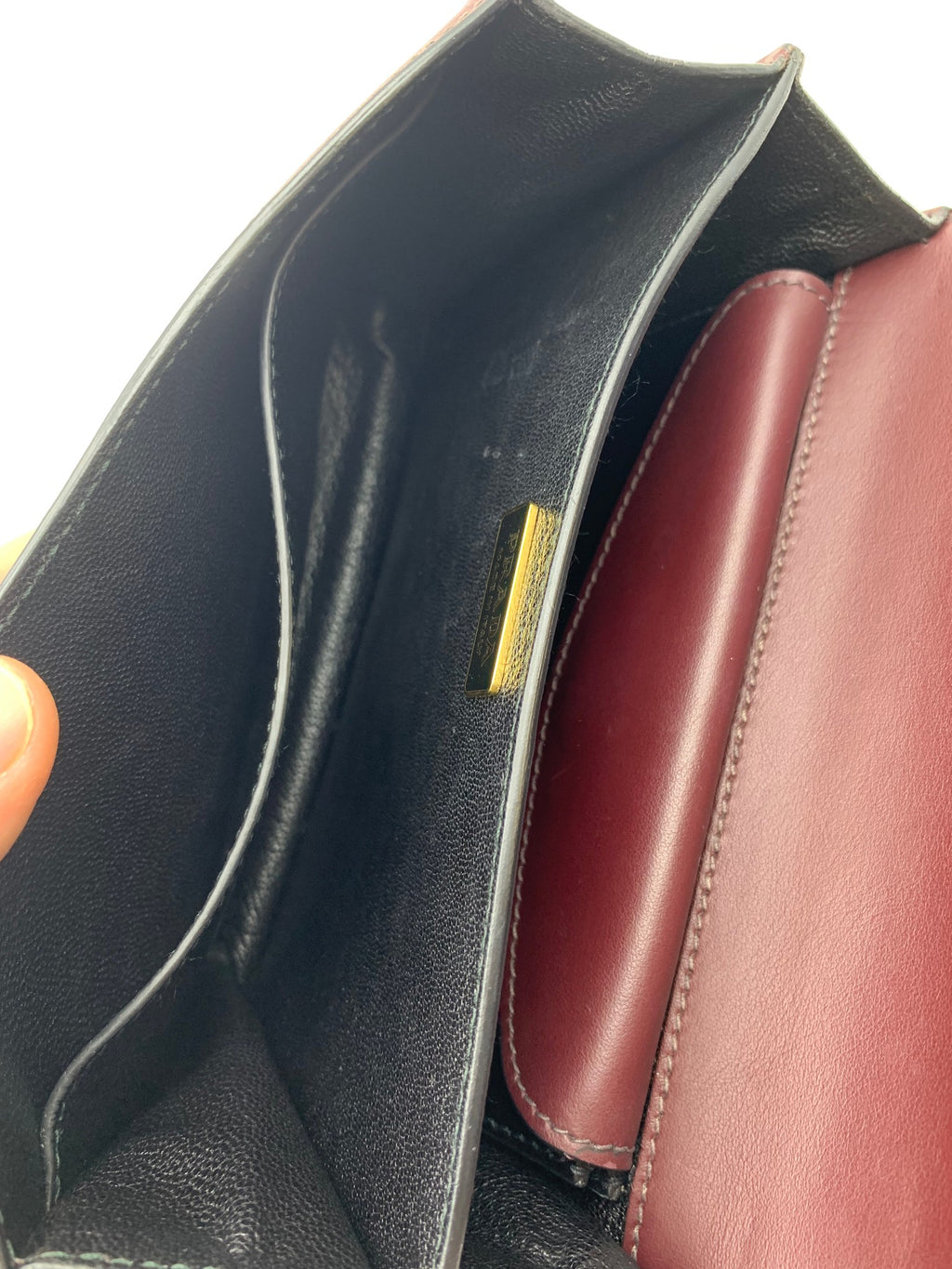 Prada Cahier Shoulder Bag, Burgundy and black, stock 0271024 – interior compartments