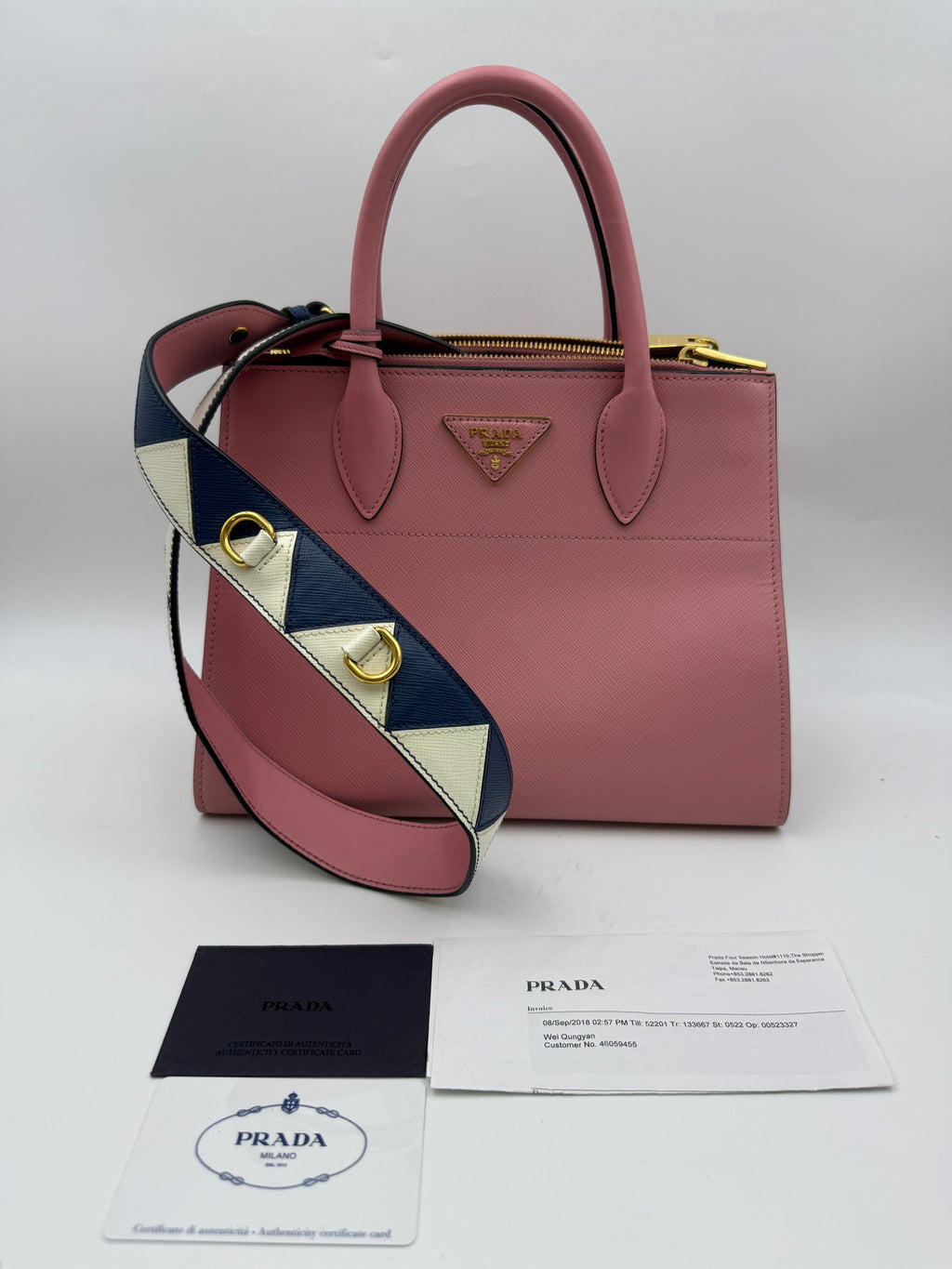 Prada Paradigme Tote, Pink, stock 0271031 – front with strap and cards