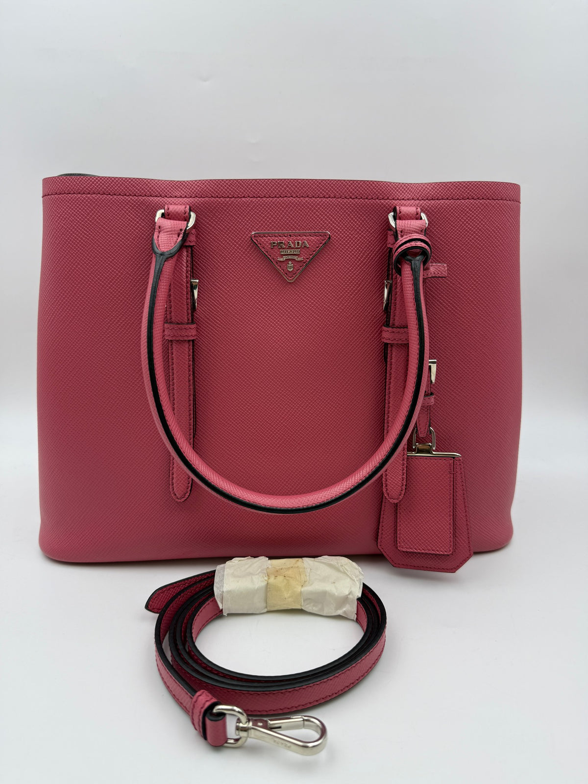 Prada Saffiano Cuir Double Tote, Pink, stock 0073098 – front and shoulder strap