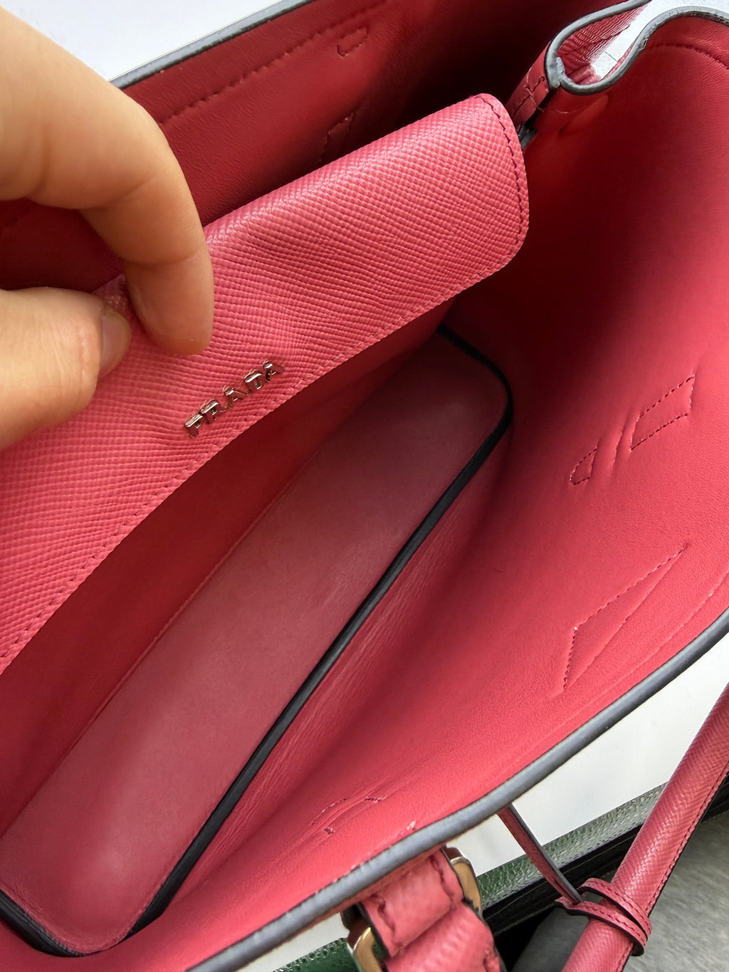 Prada Saffiano Cuir Double Tote, Pink, stock 0073098 – central interior pocket