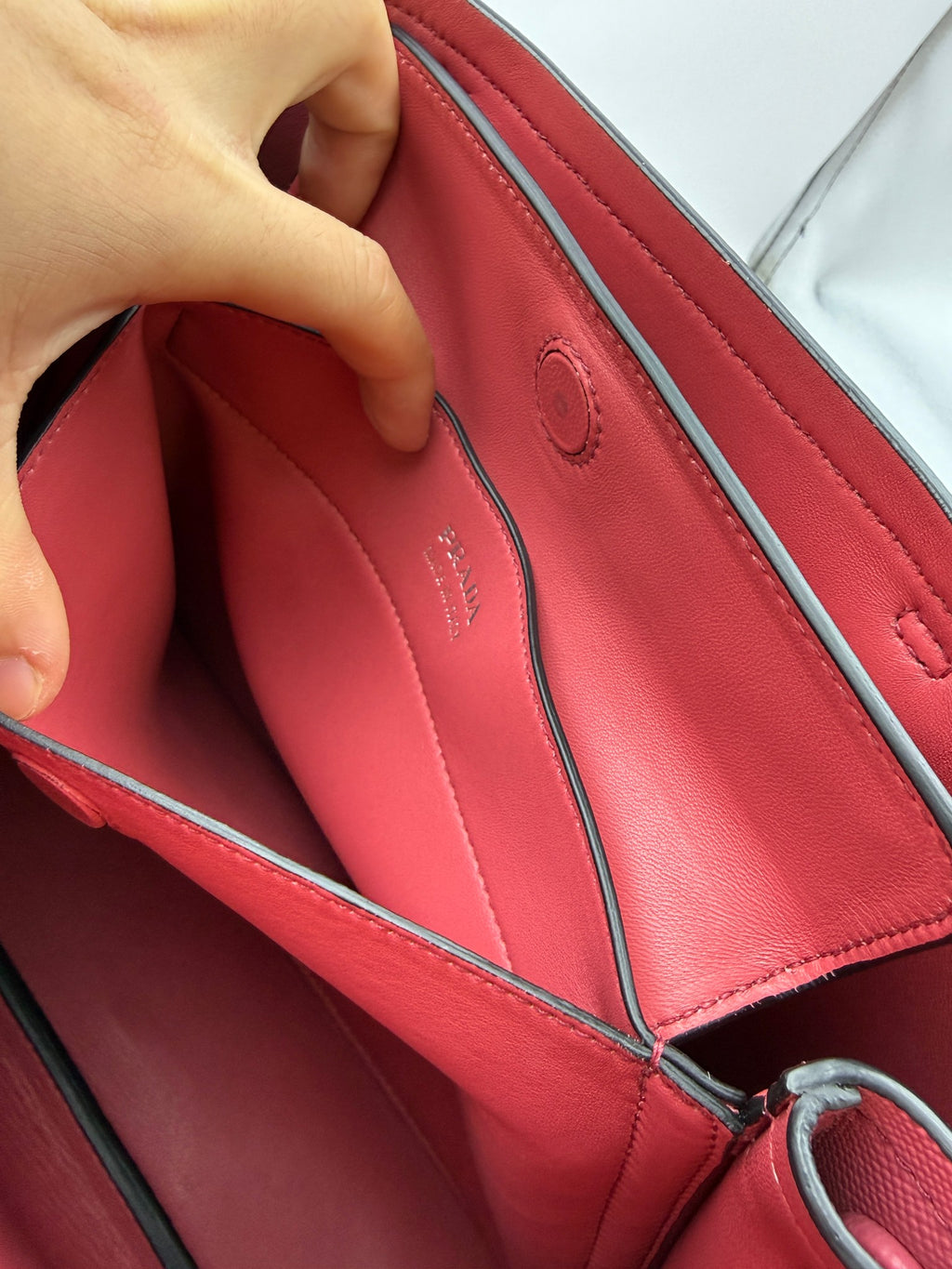 Prada Saffiano Cuir Double Tote, Pink, stock 0073098 – interior pocket detail