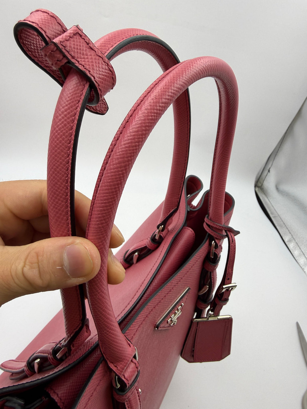 Prada Saffiano Cuir Double Tote, Pink, stock 0073098 – handles