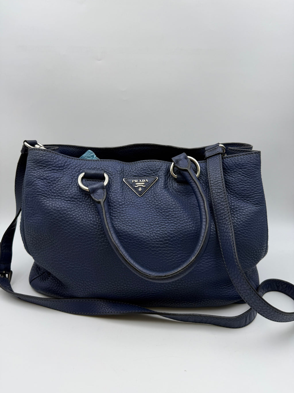 Prada Vitello Daino Double Zip Tote, Navy blue, stock 0143108 – front