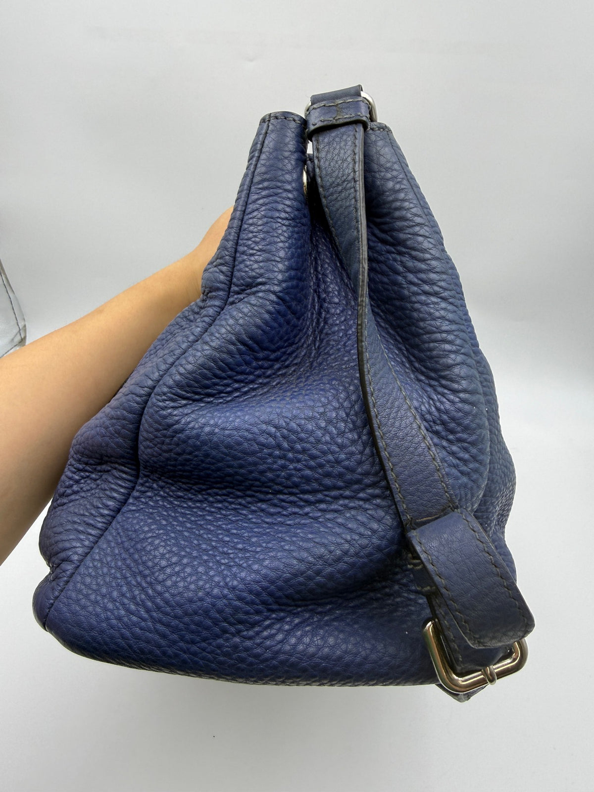 Prada Vitello Daino Double Zip Tote, Navy blue, stock 0143108 – left side