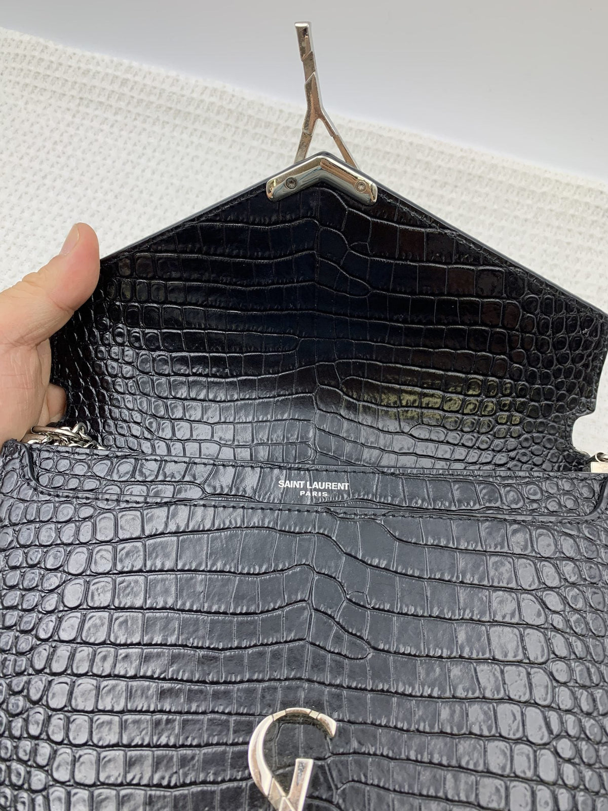 Saint Laurent Black Croc-Embossed Leather Cassandra Wallet on Chain - view 5 - item 0073063