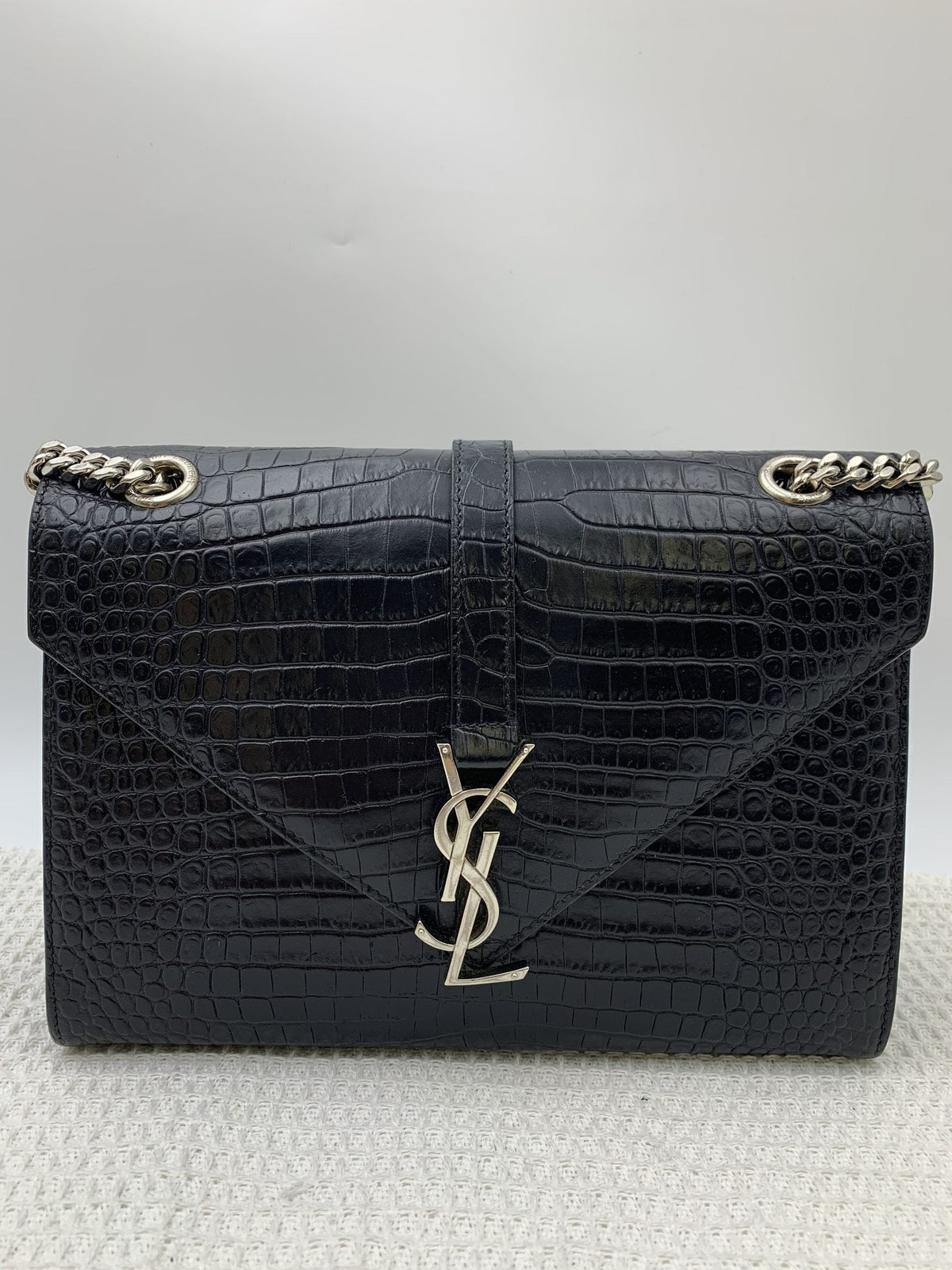 Saint Laurent Classic Monogram Envelope Satchel Crocodile Embossed Leather Large Crossbody Bag Black - view 1 - item 1200022